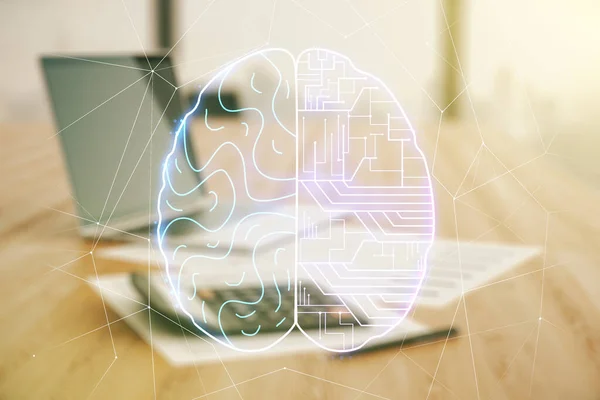 Virtuell kreativ artificiell intelligens hologram med mänskliga hjärnan skiss på suddig miniräknare och datorbakgrund. Dubbel exponering — Stockfoto