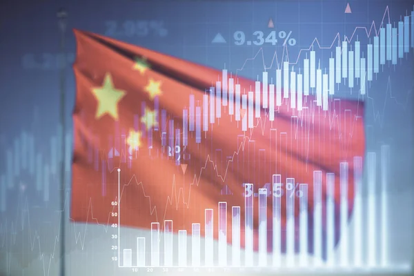 Multi exposure of virtual creative financial chart hologram on Chinese flag and blue sky background, research and analytics concept — Stock Photo, Image