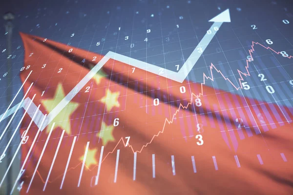 Multi exposure of abstract financial diagram and upward arrow on flag of China and blue sky background, rise and breakthrough concept — Stock Photo, Image