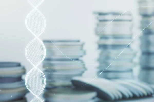 Virtual DNA symbol illustration on stacks of coins background. Genome research concept. Multiexposure