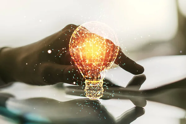 Dubbel exponering av kreativ glödlampa hologram med fingerklick på en digital tablett på bakgrund, forskning och utveckling koncept — Stockfoto