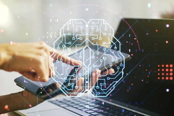 Creative artificial Intelligence concept with human brain sketch and finger presses on a digital tablet on background. Double exposure — Stock Photo, Image