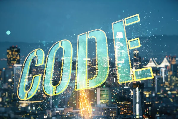 Голограмма кодового слова на фоне городского пейзажа Сан-Франциско, международная концепция разработки программного обеспечения. Мультиэкспозиция — стоковое фото