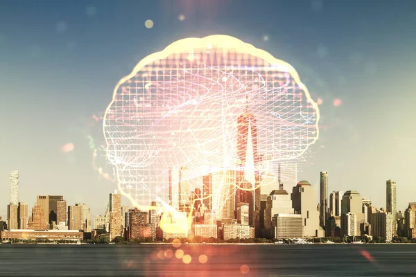 Hologramme virtuel d'intelligence artificielle créative avec croquis cérébral humain sur fond de paysage urbain de New York. Double exposition — Photo