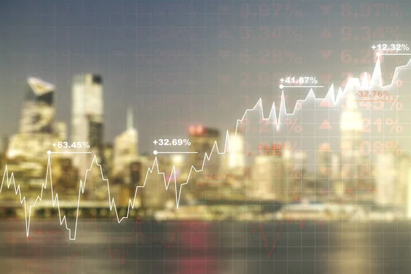 Multi exposure of virtual creative financial chart hologram on blurry cityscape background, research and analytics concept — Stock Photo, Image