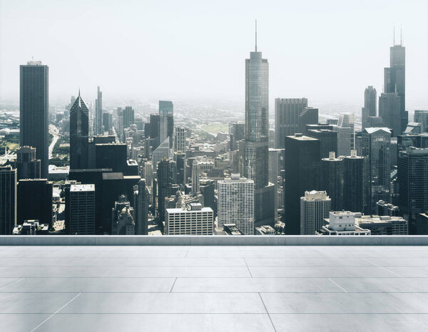 Empty concrete rooftop on the background of a beautiful Chicago city skyline at daytime, mockup