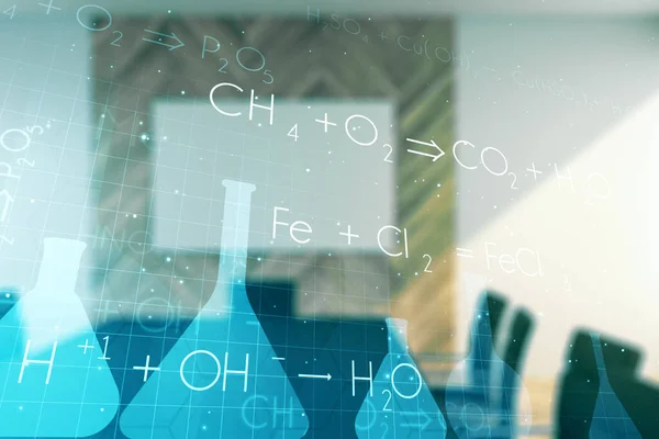 Αφηρημένη εικονική δημιουργική χημεία ολόγραμμα σε ένα σύγχρονο φόντο αίθουσα συνεδριάσεων. Πολλαπλών ανοιγμάτων — Φωτογραφία Αρχείου