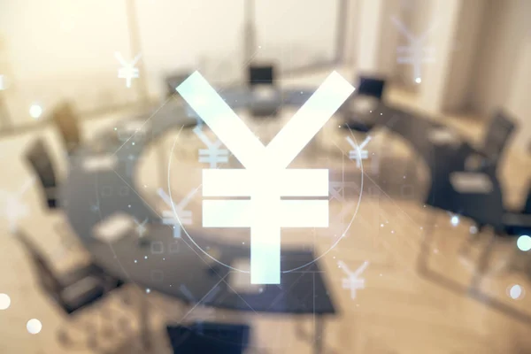 Abstrato virtual Yen símbolo holograma japonês em um fundo de sala de co-trabalho moderno, forex e conceito de moeda. Multiexposição — Fotografia de Stock