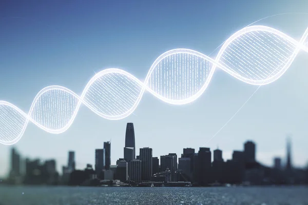 Virtual DNA symbol illustration on San Francisco skyline background. Genome research concept. Multiexposure
