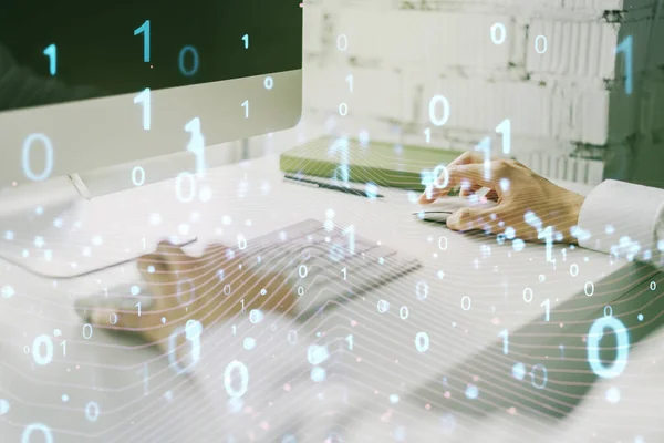 Holograma de código binario abstracto creativo y manos escribiendo en el teclado de la computadora en el fondo, IA y el concepto de aprendizaje automático. Multiexposición —  Fotos de Stock