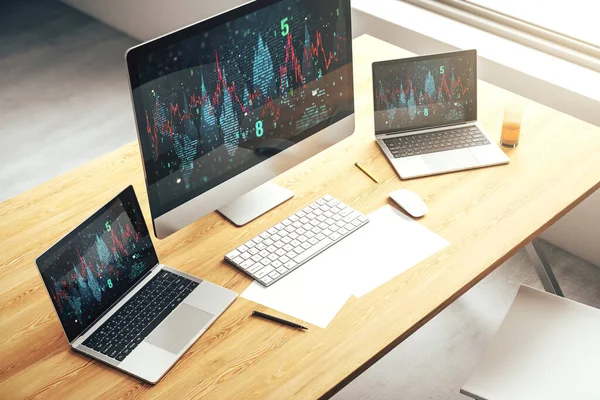 Gráfico financeiro criativo abstrato na tela do laptop moderno, forex e conceito de investimento. Renderização 3D — Fotografia de Stock