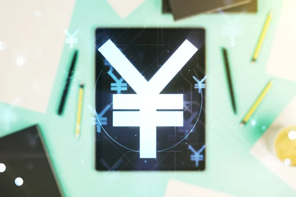 Double exposure of creative Japanese Yen symbol hologram and digital tablet on background, top view. Banking and investing concept — Stock Photo, Image