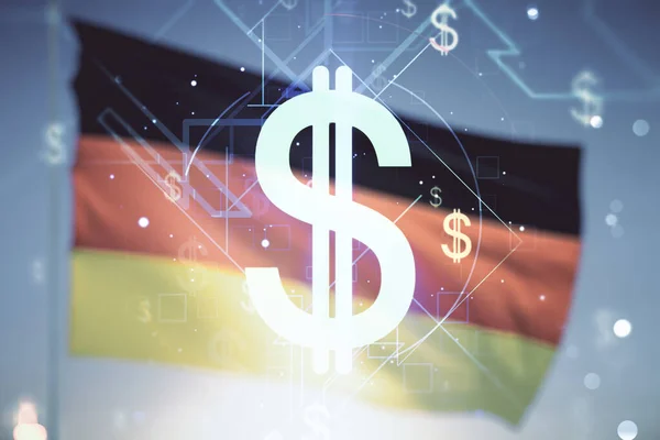 Dvojitá expozice virtuálních symbolů USD na německé vlajce a pozadí modré oblohy. Koncept bankovnictví a investic — Stock fotografie