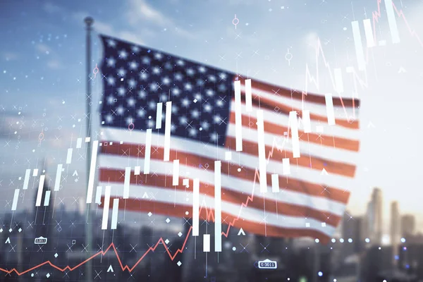 Multi exposure of virtual abstract financial diagram on US flag and city background, banking and accounting concept — Stock Photo, Image