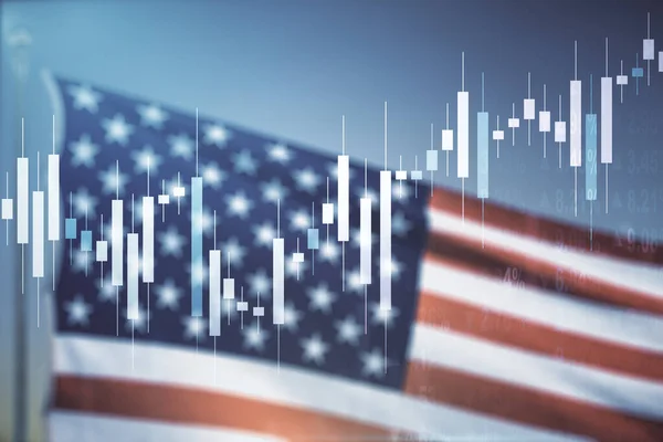 Abstract virtual financial graph hologram on USA flag and sunset sky background, forex and investment concept. Multiexposure — Stock Photo, Image