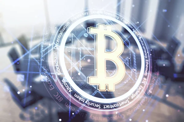 Dvojitá expozice kreativního bitcoinového symbolu na moderním pozadí zasedací místnosti. Koncept kryptoměny — Stock fotografie