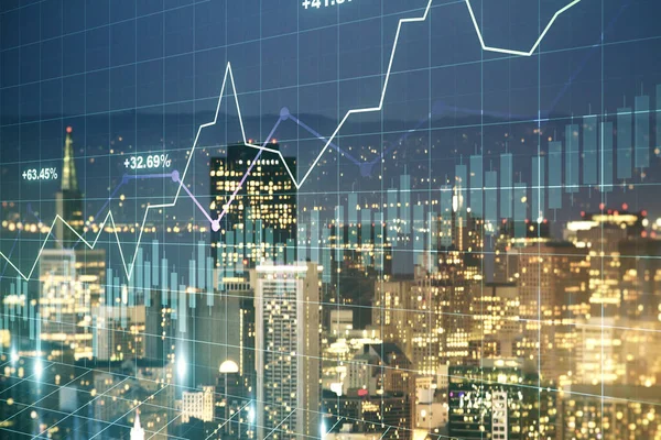 Doppia esposizione di ologramma grafico finanziario creativo astratto su sfondo grattacieli San Francisco, ricerca e concetto di strategia — Foto Stock