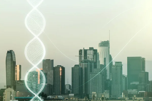 Double exposure of creative DNA hologram on Los Angeles city skyscrapers background. Bio Engineering and DNA Research concept