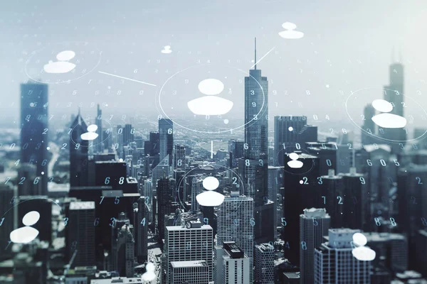 Double exposure of abstract virtual social network icons on Chicago city skyscrapers background. Marketing and promotion concept