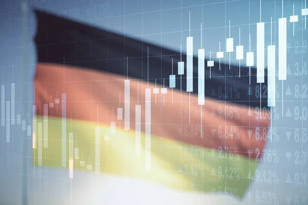 Dubbele belichting van abstract creatief financieel grafiek hologram op Duitse vlag en blauwe hemel achtergrond, onderzoek en strategie concept — Stockfoto