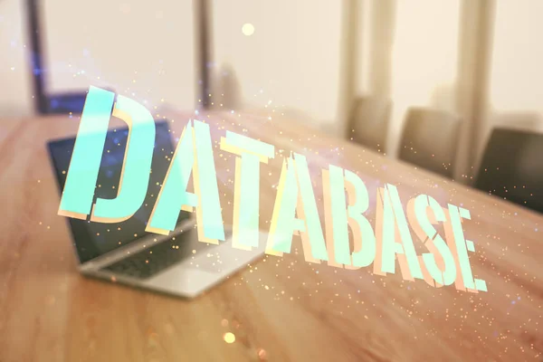 Double exposure of Database word sign on laptop background, global research and analytics concept — Stock Photo, Image