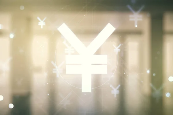 Iene virtual abstrato ilustração símbolo Yen em fundo de escritório corporativo vazio. Conceito de negociação e moeda. Multiexposição — Fotografia de Stock