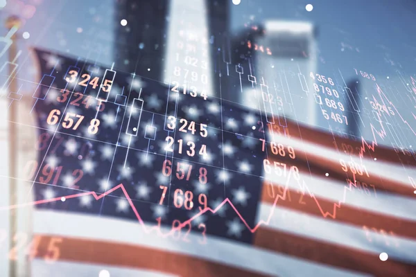 Multi exposure of stats data illustration on USA flag and blurry cityscape background, computing and analytics concept — Stock Photo, Image