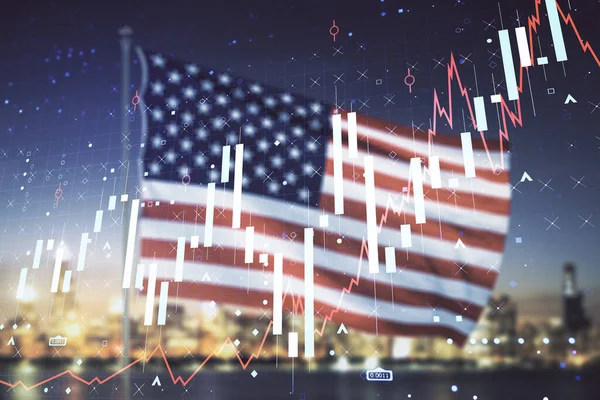 Multi exposure of virtual abstract financial graph interface on US flag and skyline background, financial and trading concept — Stock Photo, Image