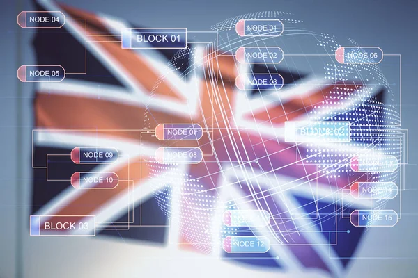 Abstract virtual coding concept and world map hologram on flag of Great Britain and sunset sky background. Multiexposure — Stock Photo, Image