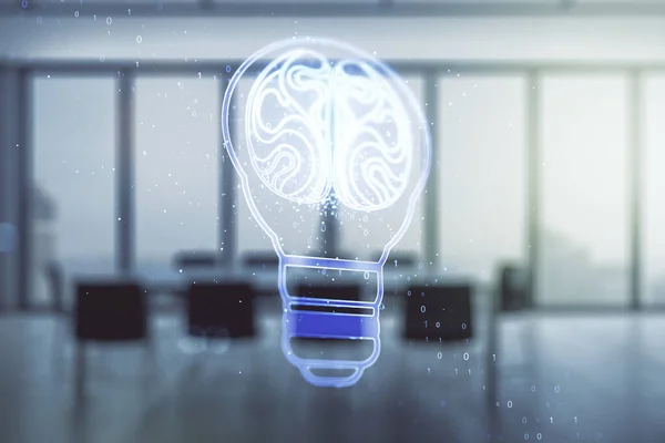 Abstrakte virtuelle kreative Glühbirne mit menschlichem Gehirn-Hologramm auf modernem Hintergrund, künstlicher Intelligenz und neuronalem Netzwerk-Konzept. Mehrfachexposition — Stockfoto