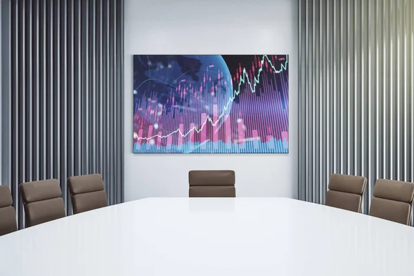 구체적 인 창조적 재정 그래프와 세계 지도가 있는 현대의 회의실, 선금 및 투자 개념의 프레젠테이션 화면. 3D 렌더링 — 스톡 사진