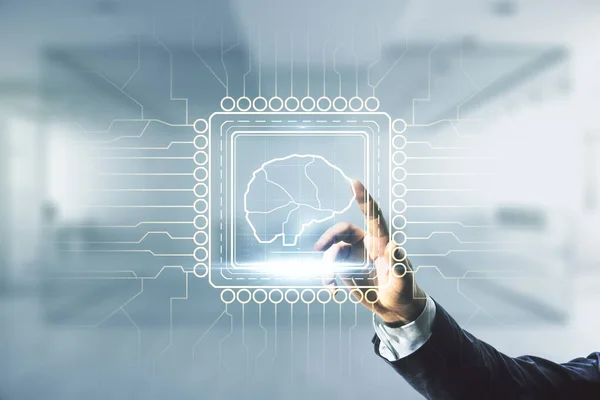 Double exposure of man hand working with creative human brain microcircuit hologram on blurred office background. Future technology and AI concept — Stock Photo, Image