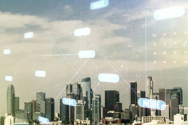 Mehrfachbelichtung von abstrakten, kreativen Programmierskizzen auf dem Hintergrund der Skyline von Los Angeles, künstliche Intelligenz und Konzept neuronaler Netzwerke — Stockfoto