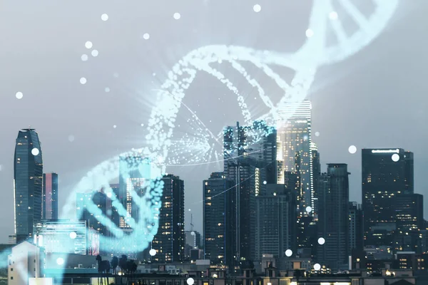 Doppia esposizione di ologramma del DNA creativo su sfondo grattacieli di Los Angeles. Bioingegneria e DNA Concetto di ricerca — Foto Stock