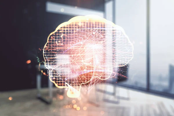 Концепция креативного искусственного интеллекта с человеческим мозгом и современным настольным компьютером на заднем плане. Двойное воздействие — стоковое фото