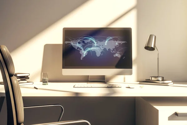 Modern computer monitor with abstract digital world map with connections, research and strategy concept. 3D Rendering — Stock Photo, Image