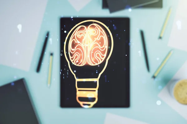 Creative light bulb with human brain hologram and modern digital tablet on background, artificial Intelligence and neural networks concept. Multiexposure