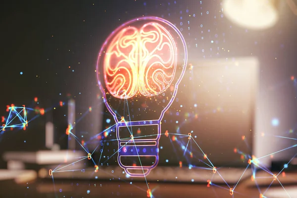 Lâmpada de luz criativa com holograma do cérebro humano em segundo plano laptop moderno, inteligência artificial e conceito de redes neurais. Multiexposição — Fotografia de Stock