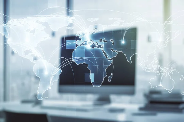 Abstrakte grafische digitale Weltkarte mit Verbindungen auf modernem Computerhintergrund, Globalisierungskonzept. Mehrfachexposition — Stockfoto