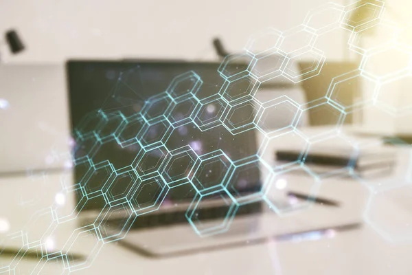 Kreativ abstrakt trådlös teknik hologram med hexagon på modern datorbakgrund, artificiell intelligens och maskininlärning koncept. Multiexponering — Stockfoto