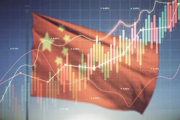 Multi exposure of virtual creative financial chart hologram on Chinese flag and blue sky background, research and analytics concept — Stock Photo, Image