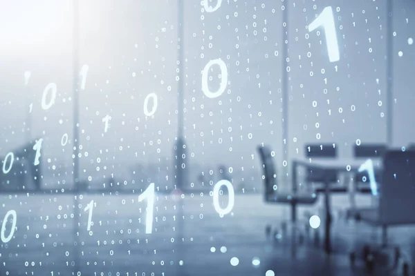 Double exposure of abstract virtual binary code hologram on a modern meeting room background. Database and programming concept — Stock Photo, Image