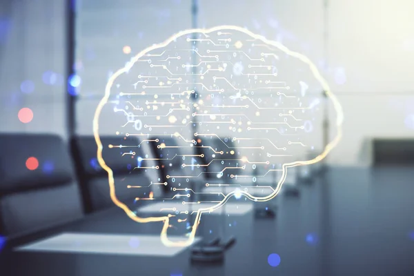 Virtuell kreativ artificiell intelligens hologram med mänsklig hjärna skiss på en modern konferensrum bakgrund. Multiexponering — Stockfoto