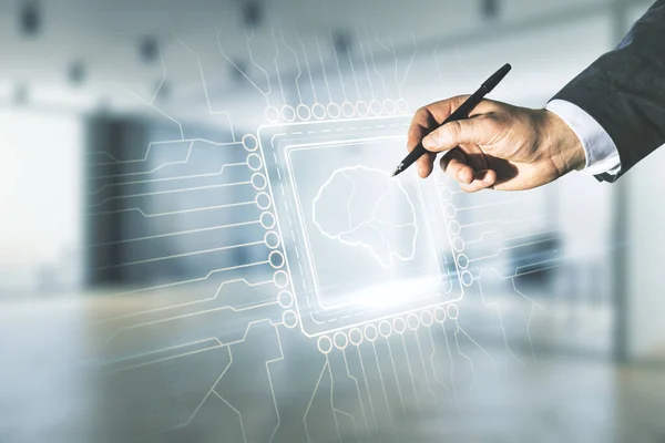Man hand with pen working with virtual creative artificial Intelligence hologram with human brain sketch on blurred office background. Double exposure — Stock Photo, Image