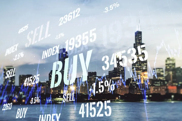 Multi exposure of virtual creative financial chart hologram on Chicago skyscrapers background, research and analytics concept — Stock Photo, Image