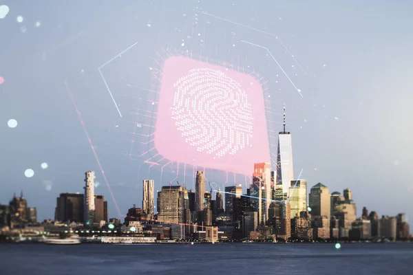 ニューヨーク市役所の建物の背景に仮想創造的な指紋ホログラムの二重暴露、個人情報の概念の保護 — ストック写真