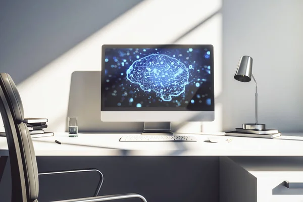 Concepto de inteligencia artificial creativa con dibujo del cerebro humano en el monitor portátil moderno. Renderizado 3D —  Fotos de Stock