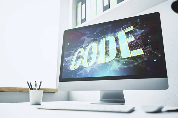 Segno di parola codice creativo sul monitor del computer moderno, concetto di sviluppo software internazionale. Rendering 3D — Foto Stock