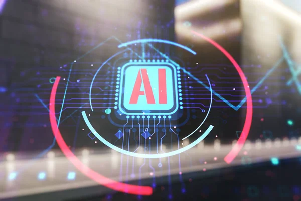 Dubbel exponering av kreativ artificiell intelligens förkortning hologram på samtida business center yttre bakgrund. Framtida teknik och AI-koncept — Stockfoto