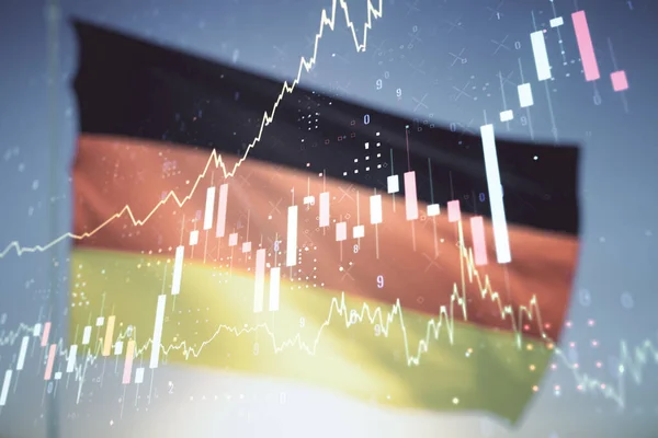 Dvojitá expozice abstraktního finančního grafu hologramu na pozadí německé vlajky a modré oblohy, výzkum a strategický koncept — Stock fotografie
